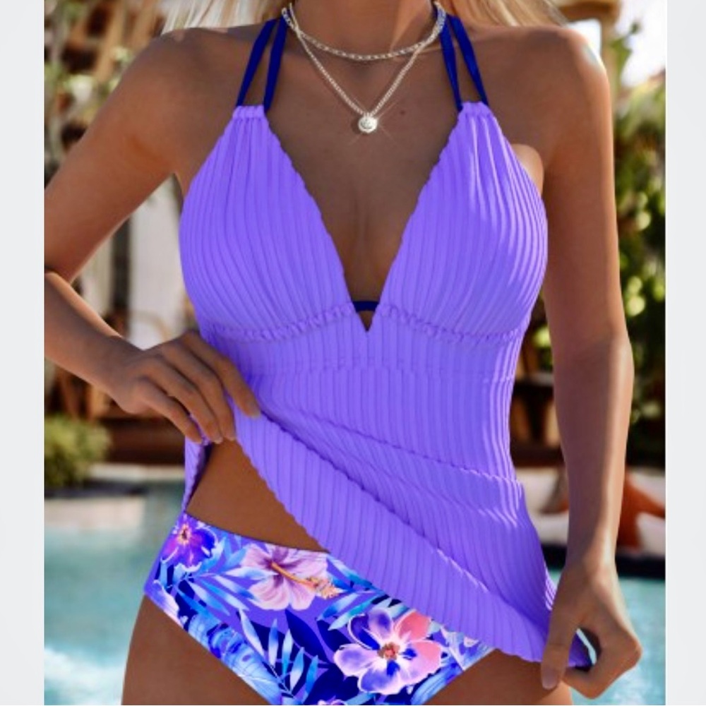 Purple Halter Bikini Top with Floral Bottom